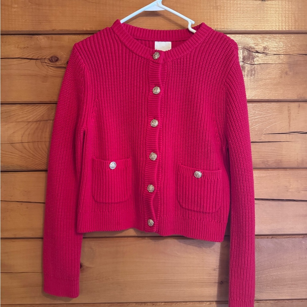 H&M Bright Red Ribbed Button-Front Cardigan